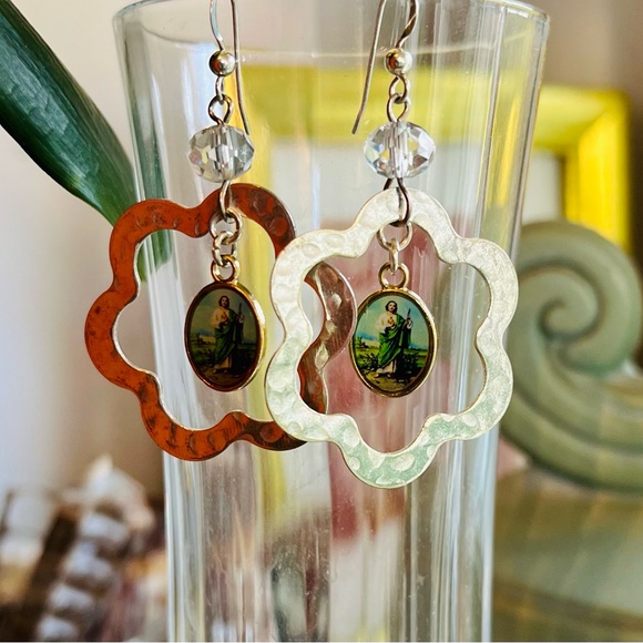 SOLD St. Jude Hammered Silver Dangle Earrings - Picture 4 of 16